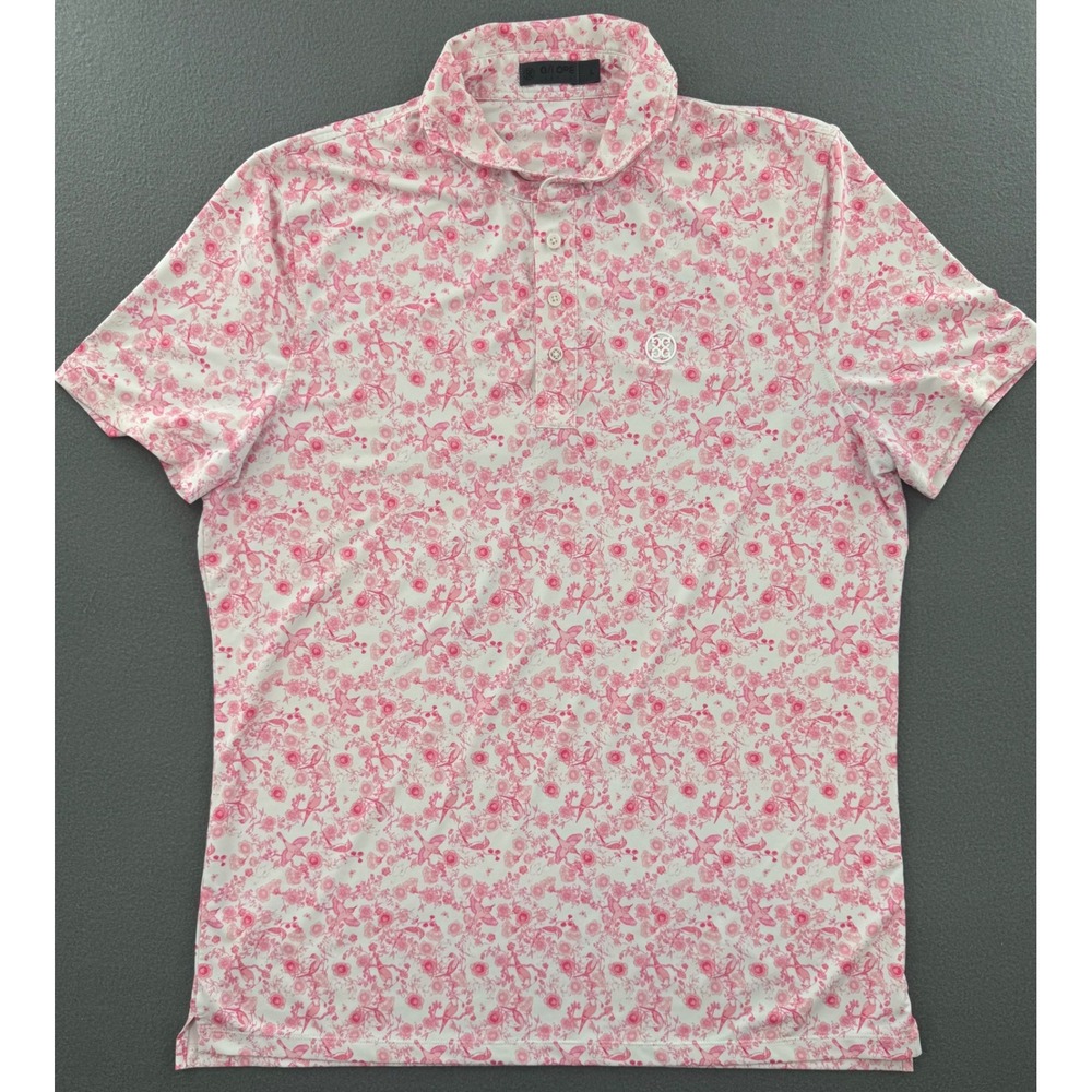G/FORE Polo Shirt Mens Large Pink Floral Bird Print Golf Performance Activewear